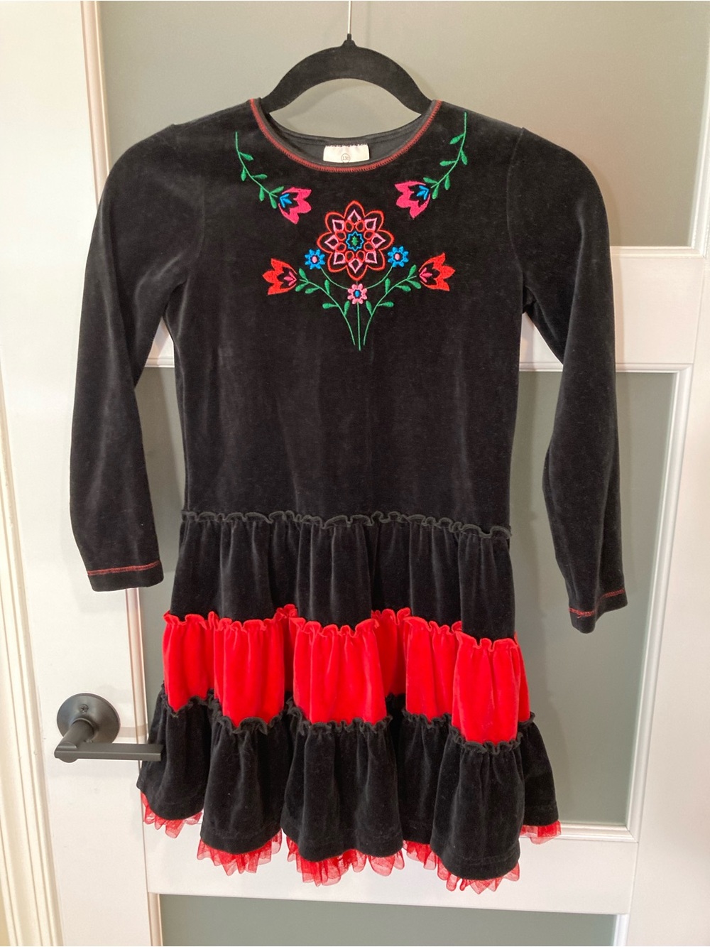 Hanna Andersson Black Velvet Dress with Red and Green Floral Embroidery 8